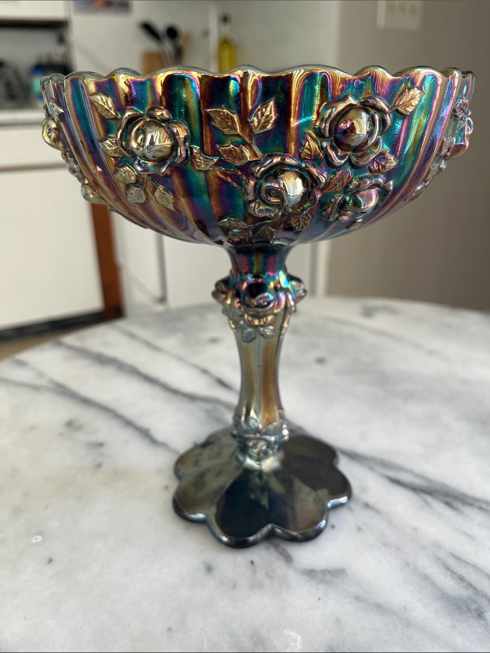 Fenton Iridescent Carnival Glass Compote Bowl - Floral Pedestal